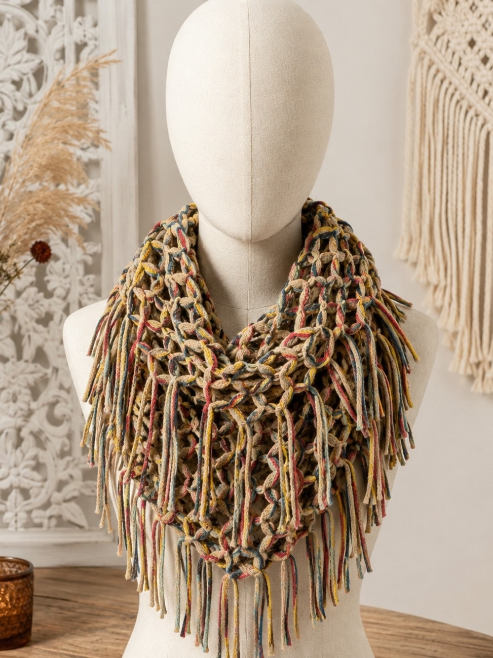 Boho Open Knit Infinity Scarf Fringe Multicolor 17” Wide x 25” Long